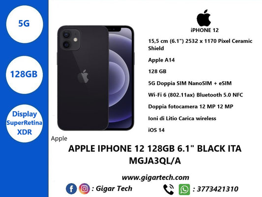 Smartphone Apple iPHONE 12 128GB 6.1" Black Ita MGJA3QL/A