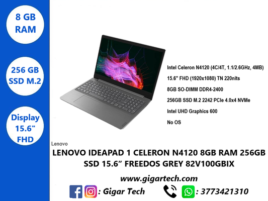 Notebook Lenovo Ideapad 1 Celeron N4120 8GB Ram 256GB SSD 15.6" Freedos Grey 82V100GBIX