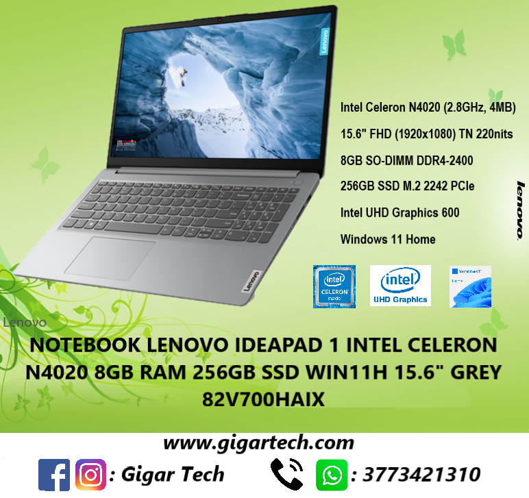 Notebook Lenovo IdeaPad1 Intel Celeron N4020 8GB Ram 256GB SSD Win11H 15.6" Grey 82V700HAIX