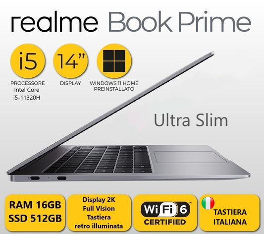 Realme Book Prime IT CloudPro002 Intel Core I5-11320H 16GB RAM 512GB SSD 14" W11H Grey Tast. Italiana Retroilluminata